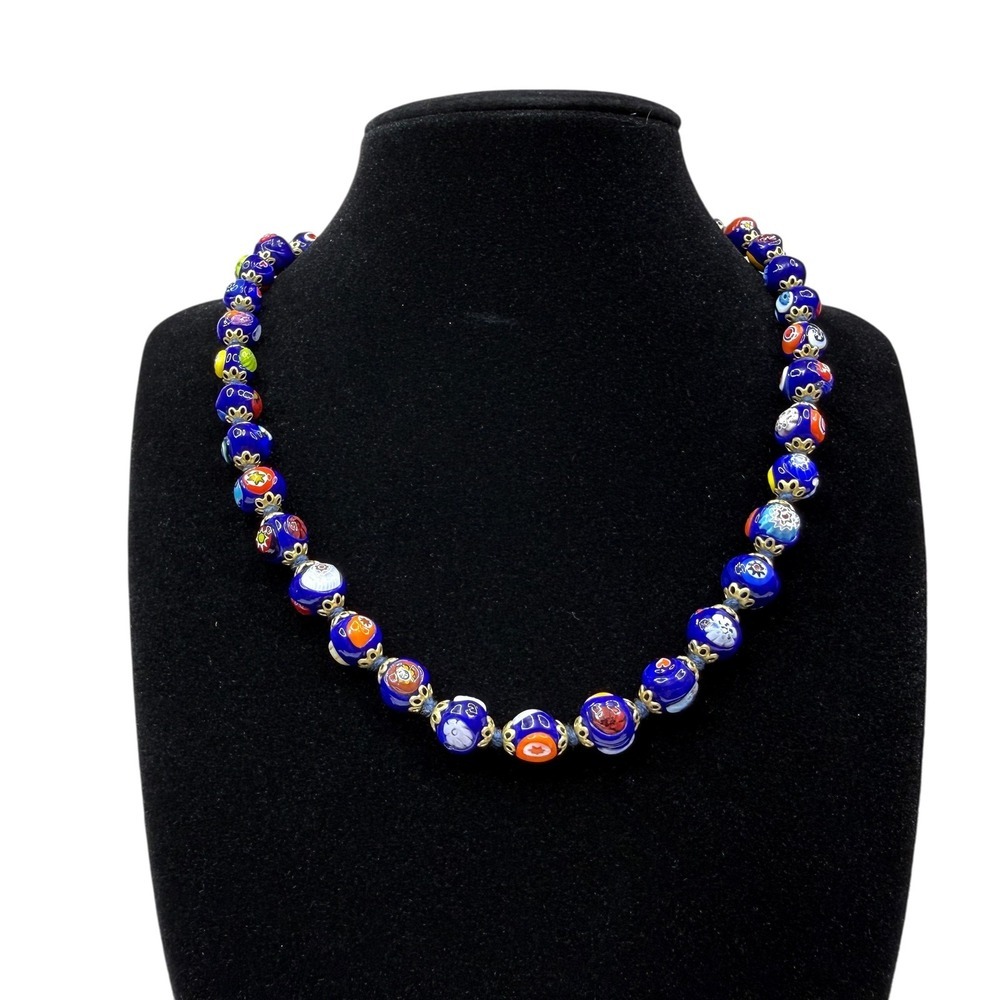 Vintage Millefiori Glass Bead Necklace Blue Floral Mosaic Gold Tone Clasp 17 in